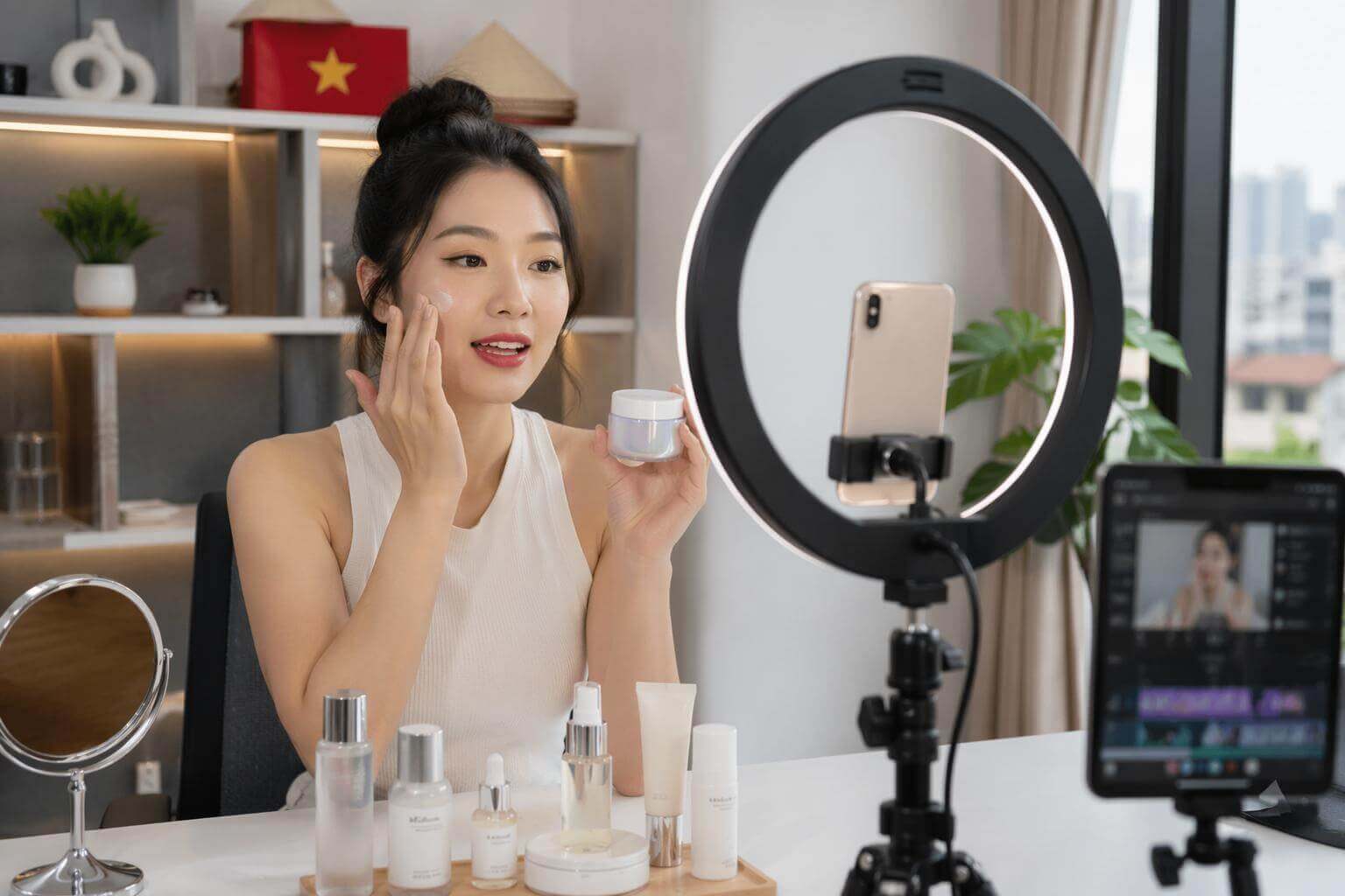 Beauty creator creating skincare social media content in 2026